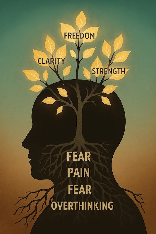 Illustration of a human head silhouette with a tree growing from the brain, showing words like fear, pain, overthinking transforming into clarity, strength, and freedom